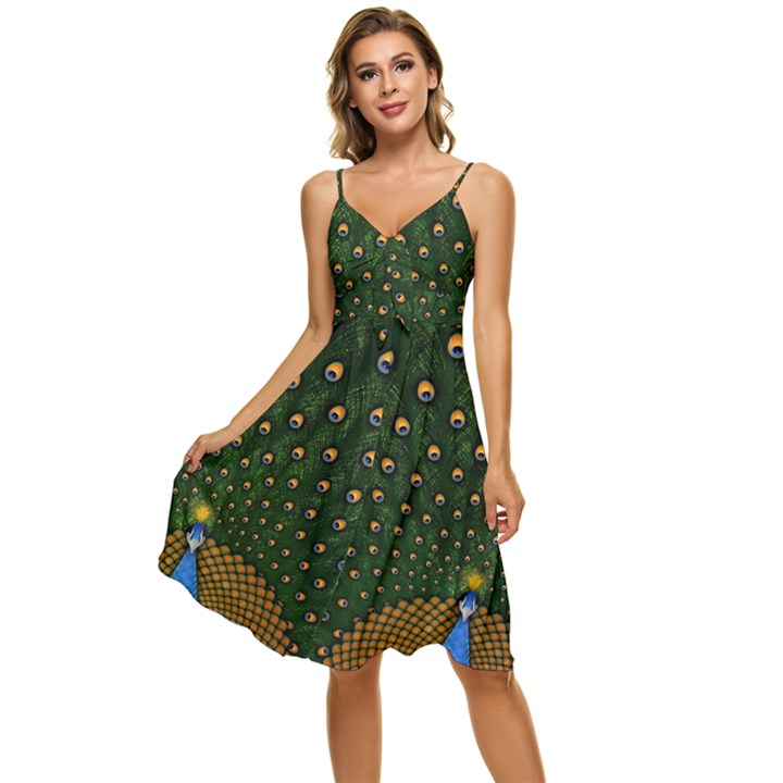 Peacock Feathers Tail Green Beautiful Bird Sleeveless Tie Front Chiffon Dress