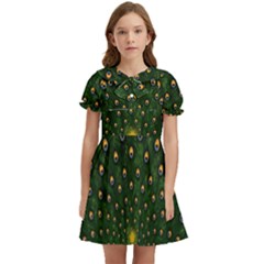 Peacock Feathers Tail Green Beautiful Bird Kids  Bow Tie Puff Sleeve Dress