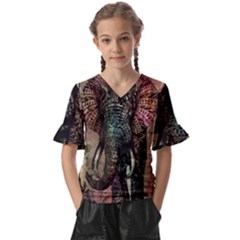 Tribal Elephant Kids  V-neck Horn Sleeve Blouse by Ndabl3x