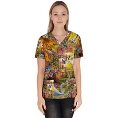 Garden Of Paradise Butterfly Swan Bird Painting Gazebo, Peacock Flower Women s V-neck Scrub Top by Ndabl3x