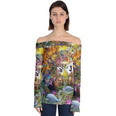 Garden Of Paradise Butterfly Swan Bird Painting Gazebo, Peacock Flower Off Shoulder Long Sleeve Top by Ndabl3x