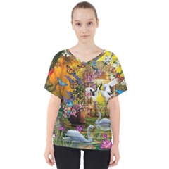 Garden Of Paradise Butterfly Swan Bird Painting Gazebo, Peacock Flower V-neck Dolman Drape Top by Ndabl3x