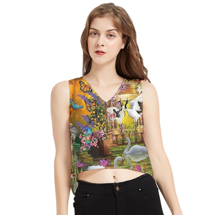 Garden Of Paradise Butterfly Swan Bird Painting Gazebo, Peacock Flower V-Neck Cropped Tank Top