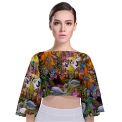 Garden Of Paradise Butterfly Swan Bird Painting Gazebo, Peacock Flower Tie Back Butterfly Sleeve Chiffon Top by Ndabl3x