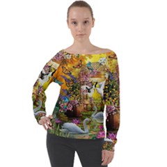 Garden Of Paradise Butterfly Swan Bird Painting Gazebo, Peacock Flower Off Shoulder Long Sleeve Velour Top by Ndabl3x