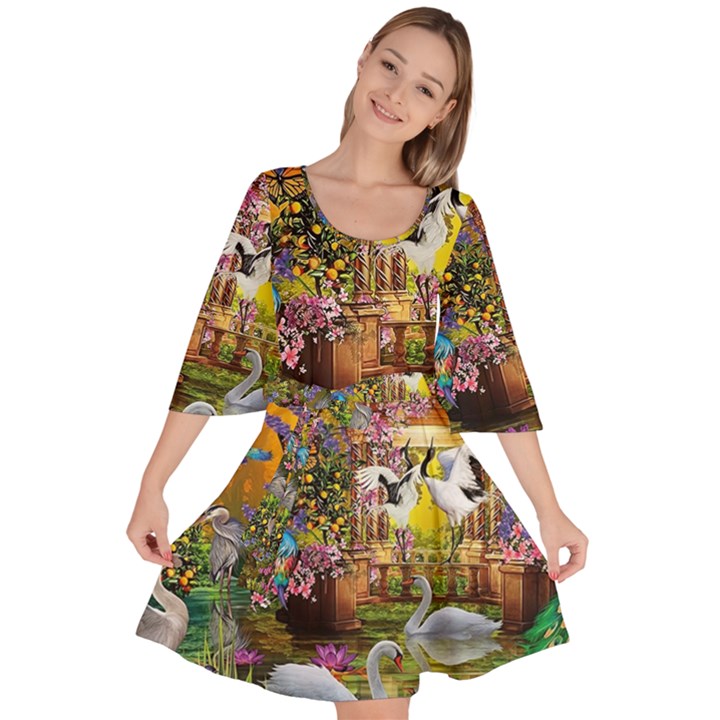 Garden Of Paradise Butterfly Swan Bird Painting Gazebo, Peacock Flower Velour Kimono Dress