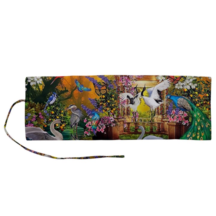 Garden Of Paradise Butterfly Swan Bird Painting Gazebo, Peacock Flower Roll Up Canvas Pencil Holder (M)