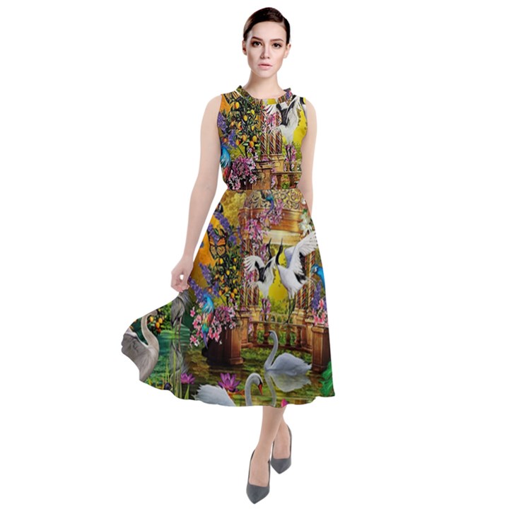 Garden Of Paradise Butterfly Swan Bird Painting Gazebo, Peacock Flower Round Neck Boho Dress