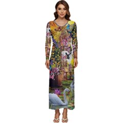 Garden Of Paradise Butterfly Swan Bird Painting Gazebo, Peacock Flower Long Sleeve Longline Maxi Dress by Ndabl3x