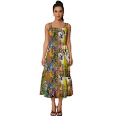 Garden Of Paradise Butterfly Swan Bird Painting Gazebo, Peacock Flower Square Neckline Tiered Midi Dress by Ndabl3x