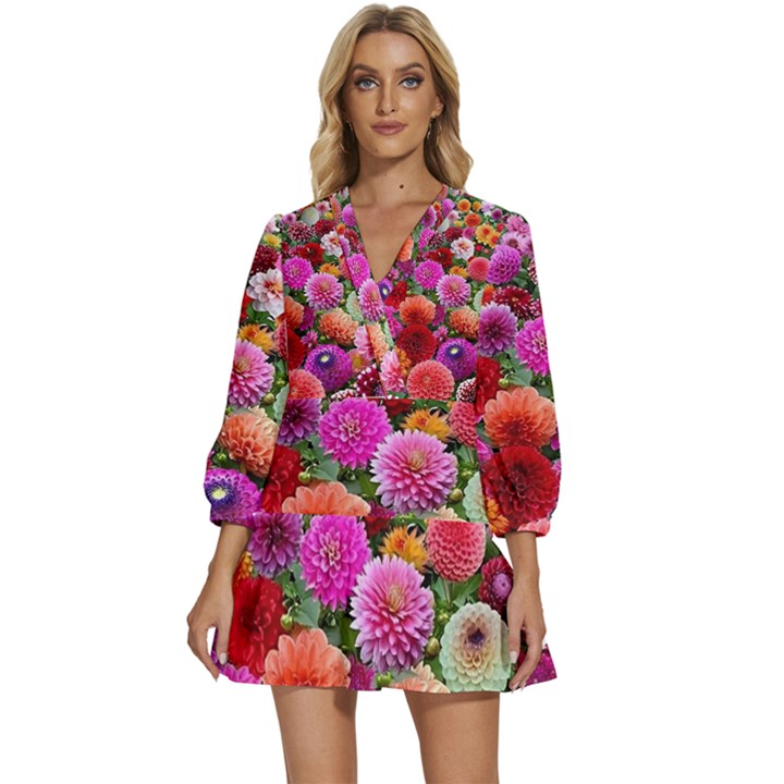 Flowers Colorful Garden Nature V-Neck Placket Mini Dress