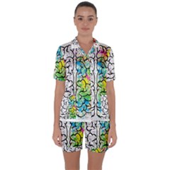 Brain Mind Psychology Idea Drawing Short Overalls Satin Short Sleeve Pajamas Set by Azkajaya