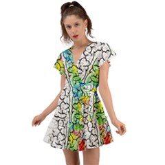 Brain Mind Psychology Idea Drawing Short Overalls Flutter Sleeve Wrap Dress by Azkajaya