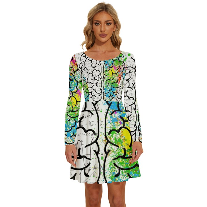 Brain Mind Psychology Idea Drawing Short Overalls Long Sleeve Wide Neck Velvet Dress