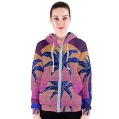 Abstract 3d Art Holiday Island Palm Tree Pink Purple Summer Sunset Water Women s Zipper Hoodie by Cemarart