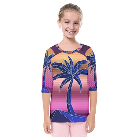 Abstract 3d Art Holiday Island Palm Tree Pink Purple Summer Sunset Water Kids  Quarter Sleeve Raglan T-shirt by Cemarart