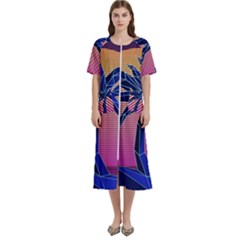 Abstract 3d Art Holiday Island Palm Tree Pink Purple Summer Sunset Water Women s Cotton Short Sleeve Night Gown