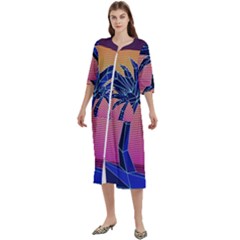 Abstract 3d Art Holiday Island Palm Tree Pink Purple Summer Sunset Water Women s Cotton 3/4 Sleeve Night Gown by Cemarart