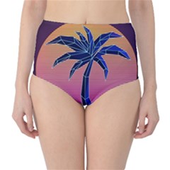 Abstract 3d Art Holiday Island Palm Tree Pink Purple Summer Sunset Water Classic High-waist Bikini Bottoms by Cemarart