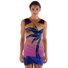 Abstract 3d Art Holiday Island Palm Tree Pink Purple Summer Sunset Water Wrap Front Bodycon Dress by Cemarart