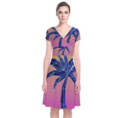 Abstract 3d Art Holiday Island Palm Tree Pink Purple Summer Sunset Water Short Sleeve Front Wrap Dress by Cemarart