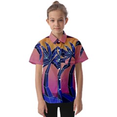 Abstract 3d Art Holiday Island Palm Tree Pink Purple Summer Sunset Water Kids  Short Sleeve Shirt by Cemarart