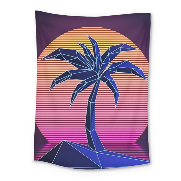 Abstract 3d Art Holiday Island Palm Tree Pink Purple Summer Sunset Water Medium Tapestry