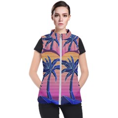 Abstract 3d Art Holiday Island Palm Tree Pink Purple Summer Sunset Water Women s Puffer Vest by Cemarart