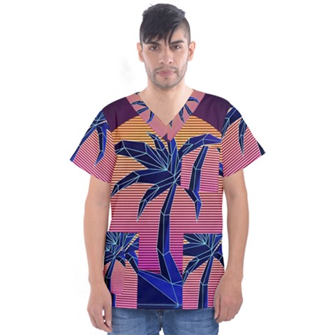 Abstract 3d Art Holiday Island Palm Tree Pink Purple Summer Sunset Water Men s V-neck Scrub Top by Cemarart