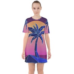 Abstract 3d Art Holiday Island Palm Tree Pink Purple Summer Sunset Water Sixties Short Sleeve Mini Dress by Cemarart