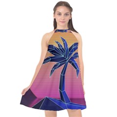 Abstract 3d Art Holiday Island Palm Tree Pink Purple Summer Sunset Water Halter Neckline Chiffon Dress  by Cemarart