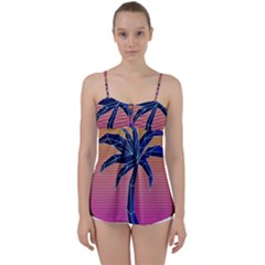 Abstract 3d Art Holiday Island Palm Tree Pink Purple Summer Sunset Water Babydoll Tankini Top by Cemarart