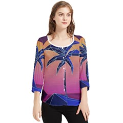 Abstract 3d Art Holiday Island Palm Tree Pink Purple Summer Sunset Water Chiffon Quarter Sleeve Blouse by Cemarart