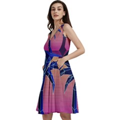 Abstract 3d Art Holiday Island Palm Tree Pink Purple Summer Sunset Water Sleeveless V-neck Skater Dress With Pockets