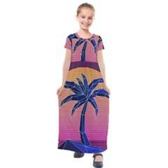 Abstract 3d Art Holiday Island Palm Tree Pink Purple Summer Sunset Water Kids  Short Sleeve Maxi Dress by Cemarart