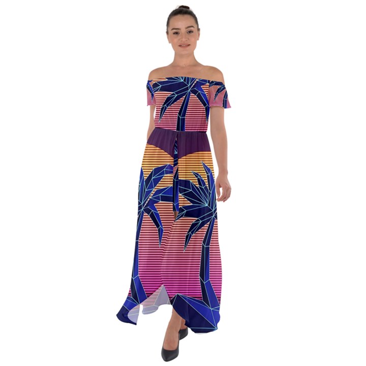 Abstract 3d Art Holiday Island Palm Tree Pink Purple Summer Sunset Water Off Shoulder Open Front Chiffon Dress