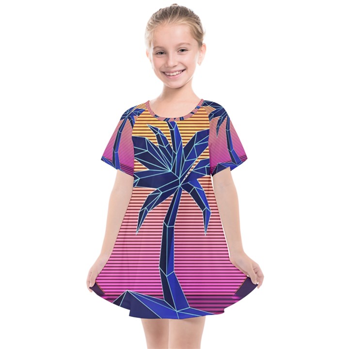 Abstract 3d Art Holiday Island Palm Tree Pink Purple Summer Sunset Water Kids  Smock Dress