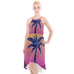 Abstract 3d Art Holiday Island Palm Tree Pink Purple Summer Sunset Water High-low Halter Chiffon Dress  by Cemarart