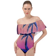 Abstract 3d Art Holiday Island Palm Tree Pink Purple Summer Sunset Water Off Shoulder Velour Bodysuit  by Cemarart