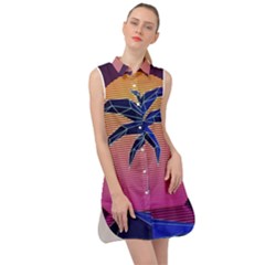 Abstract 3d Art Holiday Island Palm Tree Pink Purple Summer Sunset Water Sleeveless Shirt Dress by Cemarart