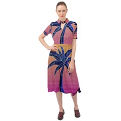 Abstract 3d Art Holiday Island Palm Tree Pink Purple Summer Sunset Water Keyhole Neckline Chiffon Dress by Cemarart