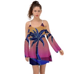 Abstract 3d Art Holiday Island Palm Tree Pink Purple Summer Sunset Water Boho Dress by Cemarart