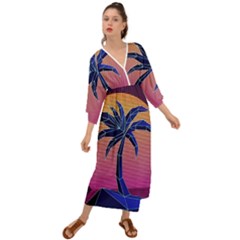 Abstract 3d Art Holiday Island Palm Tree Pink Purple Summer Sunset Water Grecian Style  Maxi Dress by Cemarart