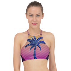 Abstract 3d Art Holiday Island Palm Tree Pink Purple Summer Sunset Water Halter Bikini Top by Cemarart