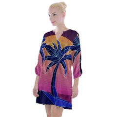 Abstract 3d Art Holiday Island Palm Tree Pink Purple Summer Sunset Water Open Neck Shift Dress