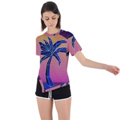 Abstract 3d Art Holiday Island Palm Tree Pink Purple Summer Sunset Water Asymmetrical Short Sleeve Sports T-shirt by Cemarart