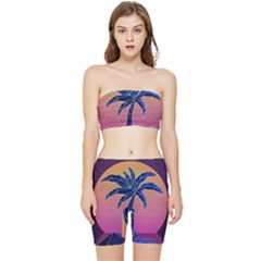 Abstract 3d Art Holiday Island Palm Tree Pink Purple Summer Sunset Water Stretch Shorts And Tube Top Set by Cemarart