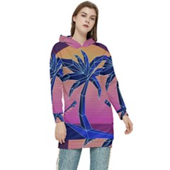 Abstract 3d Art Holiday Island Palm Tree Pink Purple Summer Sunset Water Women s Long Oversized Pullover Hoodie by Cemarart