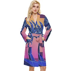 Abstract 3d Art Holiday Island Palm Tree Pink Purple Summer Sunset Water Long Sleeve Velvet Robe by Cemarart