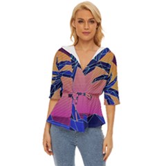 Abstract 3d Art Holiday Island Palm Tree Pink Purple Summer Sunset Water Lightweight Drawstring Hooded Top by Cemarart